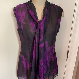 Vera Wang silk floral button up tie blouse
